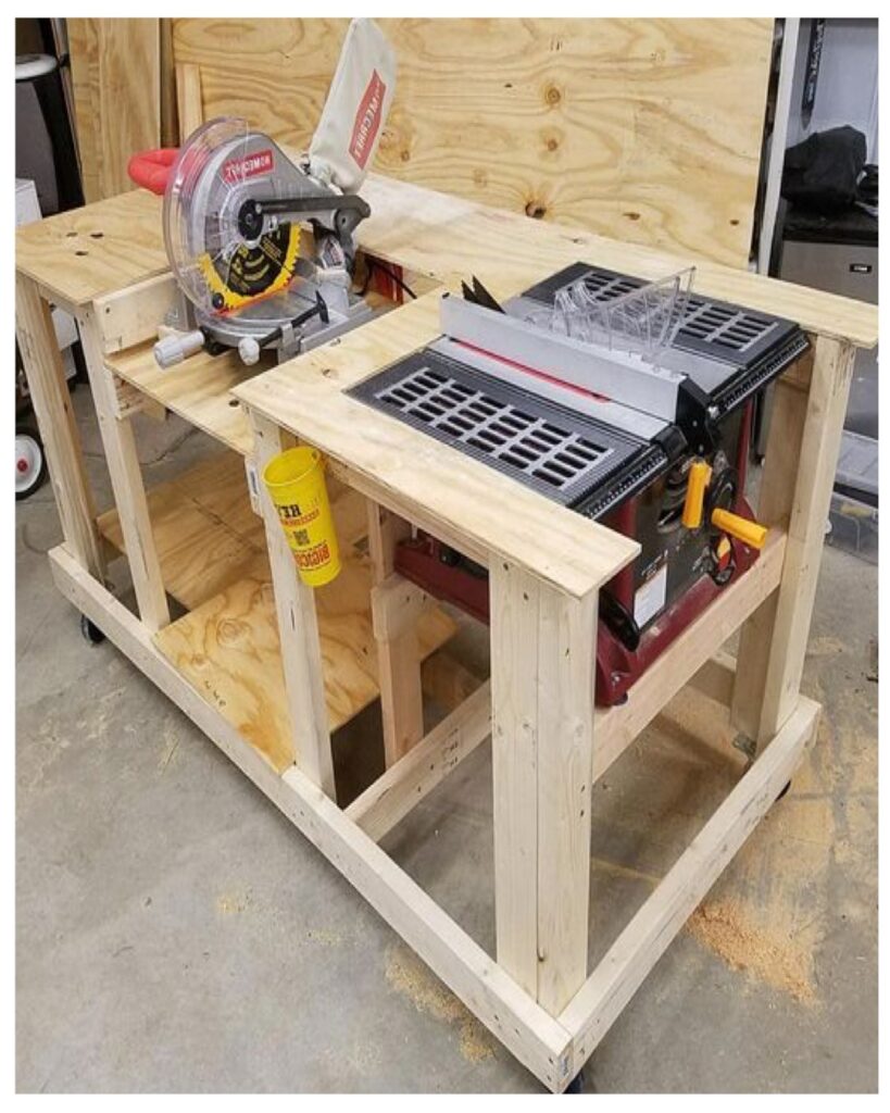 Woodworking workshop with workbench, power tools, and equipment
