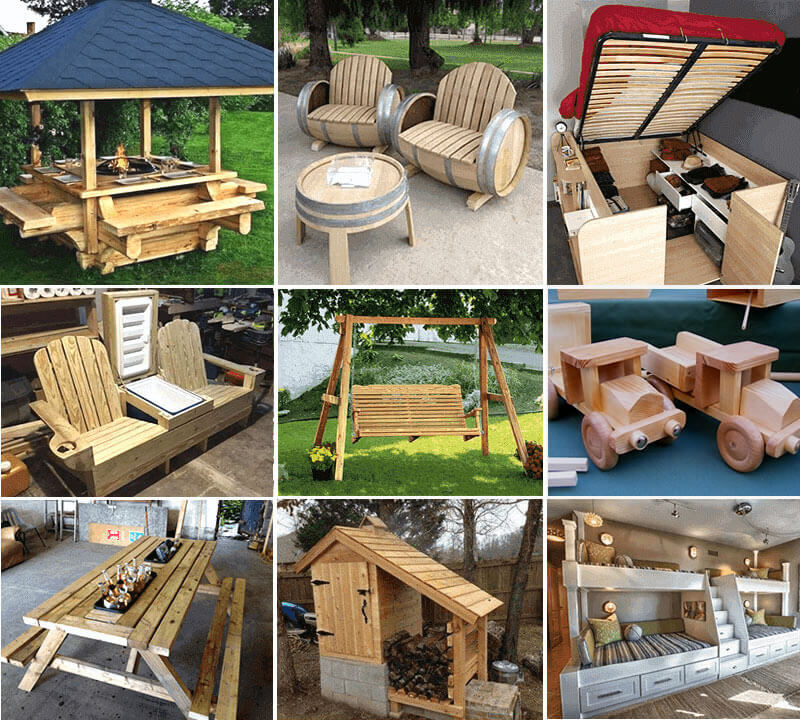 Collection of different woodworking projects and furniture designs