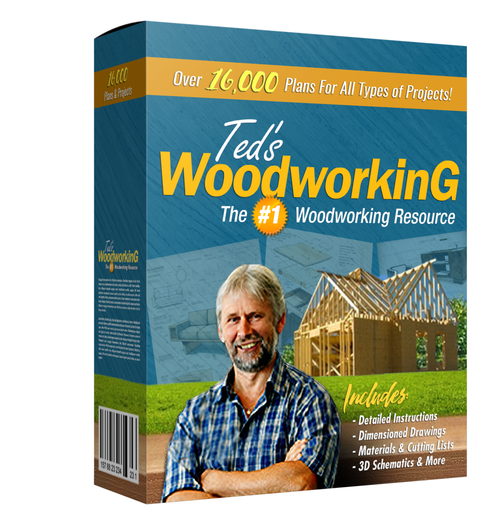 TedsWoodworking product box showing a collection of woodworking plans